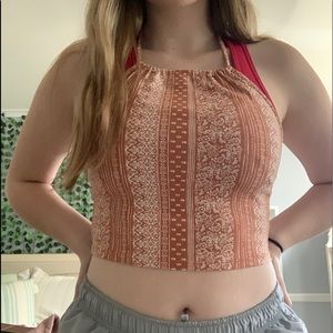 orange tribal floral print halter crop top